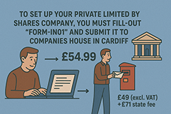 Image depicting the process of setting up a private limited company in Cardiff, featuring relevant documents and office space. Visual guide for establishing a private limited company in Cardiff, showcasing necessary paperwork and business environment.