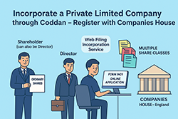 Graphic illustrating the steps to incorporate a private limited company, including registration and compliance processes. Visual representation of the private limited company incorporation process, highlighting key steps and requirements involved.