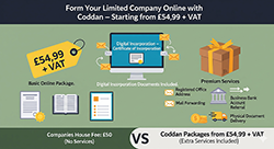 Flyer promoting limited company services online, featuring prices starting at £54.99 with promotional codes. Advertisement flyer for online limited company services, highlighting codes starting at £54.99.
