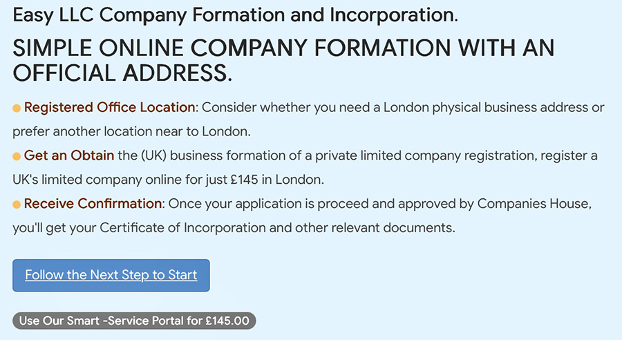 Easy LLC company incorporation form with fields for business details and applicant information. Simplified form for incorporating a company with sections for necessary business and personal information.