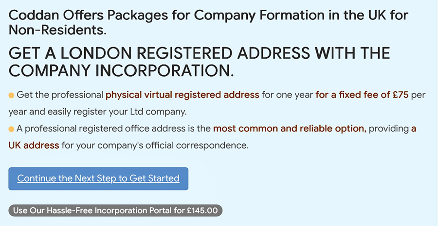 Coddan provides company formation packages tailored for non-UK residents. Company formation packages for non-UK residents are offered by Coddan.