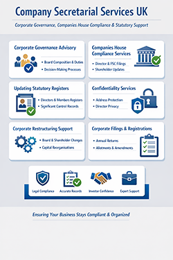 Infographic illustrating company secretarial services in the UK, highlighting key features and benefits for businesses. Visual representation of UK company secretarial services, detailing essential functions and advantages for organizations.