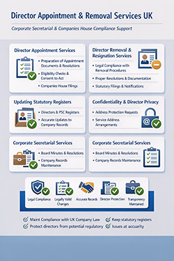 Image depicting services for appointing and removing directors in the UK, highlighting professional business support. Visual representation of UK director appointment and removal services, emphasizing corporate governance assistance.